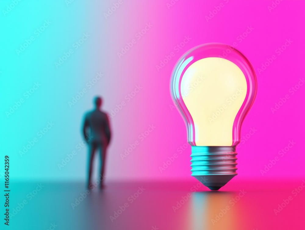 Poster glowing light bulb symbolizing innovation with businessman on gradient background