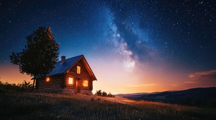 A cozy wooden cottage illuminated under a starry night sky.