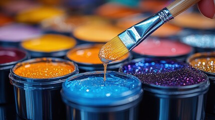 Detailed shot of a hand dipping a fine brush into vibrant watercolor paints