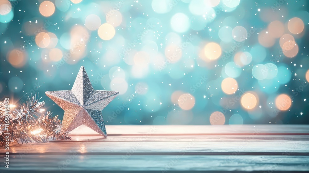 Poster starry abstract background idea. a charming star decoration on a wooden table with vibrant bokeh bac