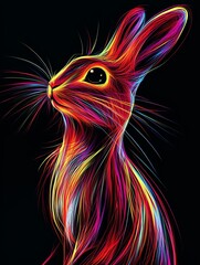Obraz premium Vibrant neon rabbit art, colorful lines, dark background, animal portrait.