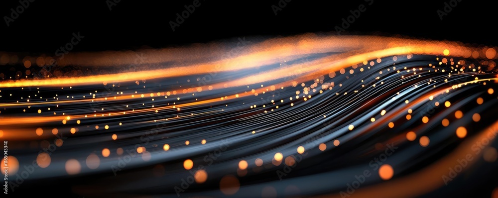 Poster Starry abstract background idea. Abstract digital wave with lights and glowing particles in motion against a dark background.