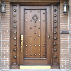 Obraz premium Heavy wooden door with brass accents, set against a brick exterior with a traditional finish.