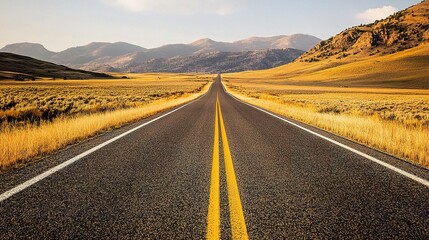Fototapeta premium Freshly Paved Asphalt Road Stretching Into Distant Scenic Landscape