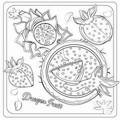 A delightful coloring page featuring dragon fruit, strawberry, and passion fruit. Perfect for kids' activity books, educational materials, or creative projects.