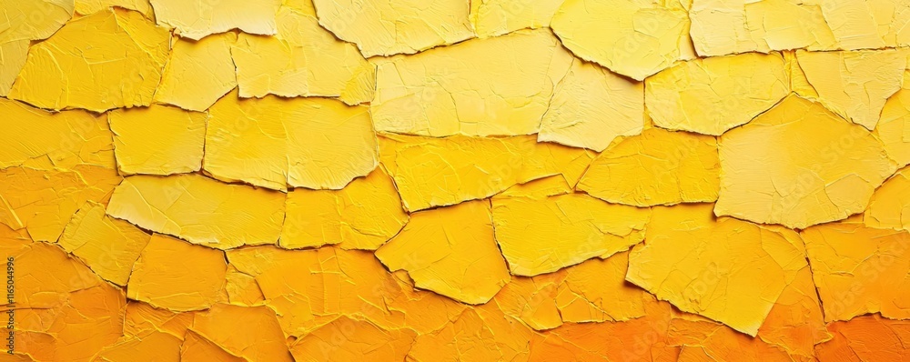 Poster Torn abstract background concept. A close-up view of textured yellow paint chips in various shapes and shades of yellow.