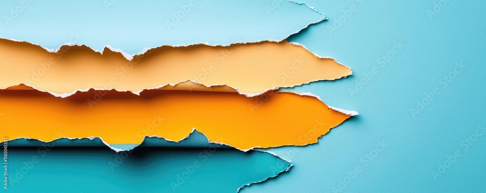 Poster Torn abstract background concept. Vibrant paper layers in orange and blue create dynamic abstract background textures.