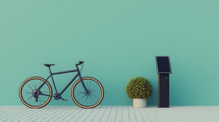 Sustainable mobility embraces eco-friendly cycling. Bicycle next to a green wall and planter