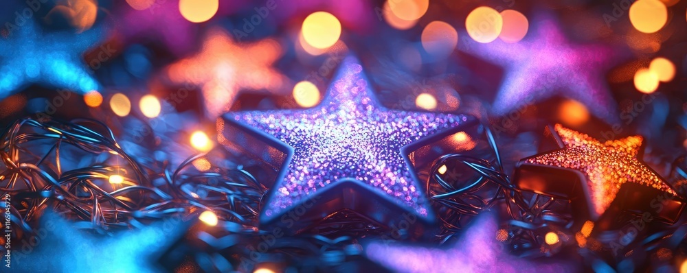 Poster Starry abstract background idea. Sparkling decorative stars illuminating a festive atmosphere with vibrant bokeh lights.