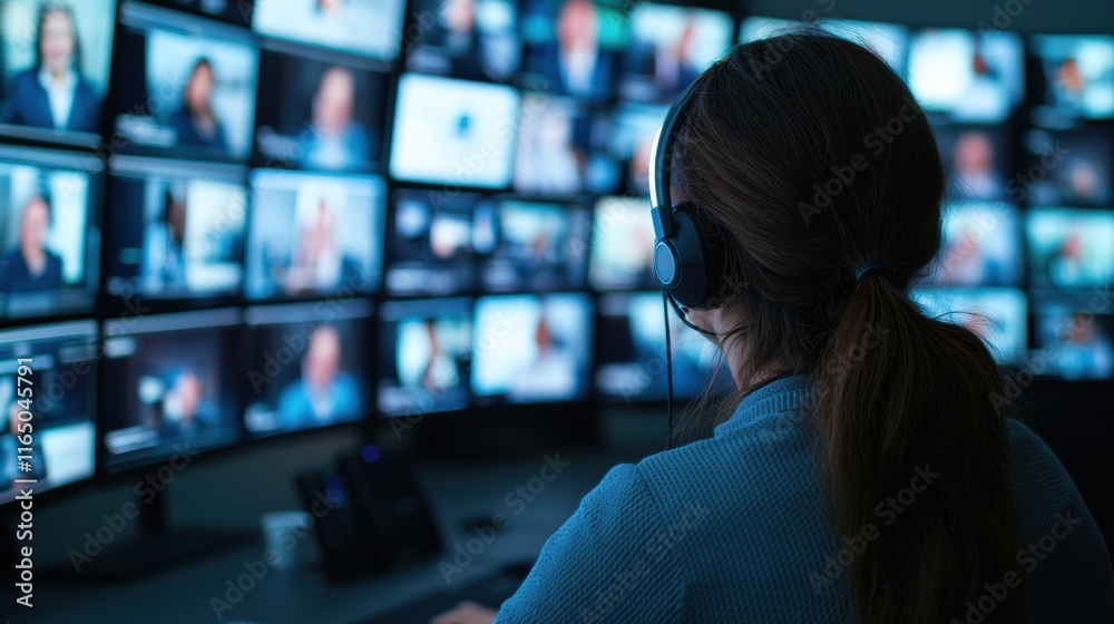 Fototapete security operator monitoring multiple screens in control room