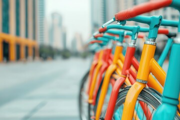 Sustainable mobility embraces eco-friendly cycling. Colorful bicycles lined up in an urban setting