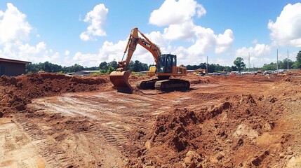 Heavy Machinery Digging and Moving Dirt at Construction Site