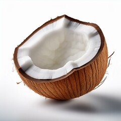 Fresh coconut slice with natural textures and bright contrast against a white studio background.