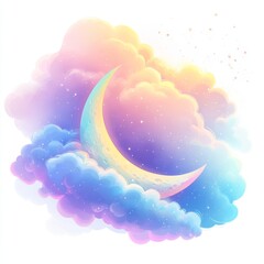 Dreamy Crescent Moon in Cartoon Style with Clouds and Stars on White Background for Promotional Design