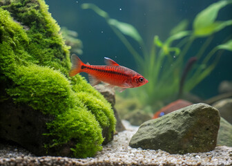 A bright red cherry barb swimming among mossy rocks in a freshwater aquarium