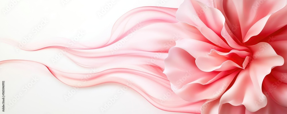 Poster droplets abstract background idea. elegant pink flower with flowing petals against a soft, white bac