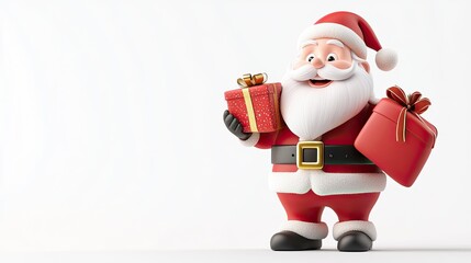 3D Cartoon Santa Claus Celebrating with Gift Box and Bag (Merry Christmas, PNG) -