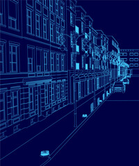 Blue cityscape with buildings and cars. The idea of the image is to show a city street at night with a clear view of the buildings and cars