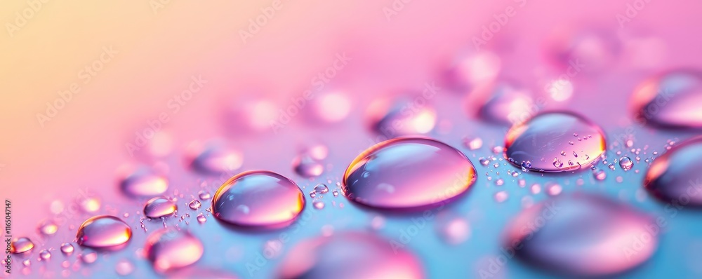Poster droplets abstract background idea. close-up of vibrant water droplets with colorful reflections on a