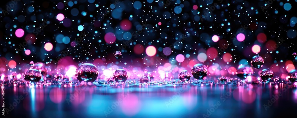 Poster droplets abstract background idea. colorful bokeh lights create a dreamy atmosphere with beads refle