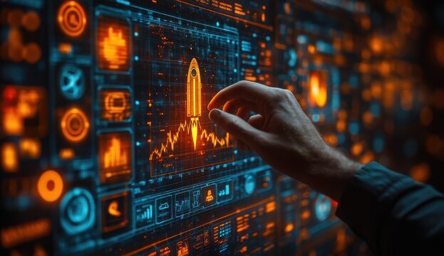 Businessman touching a rocket launch icon on a virtual screen with a growth graph line and business icons