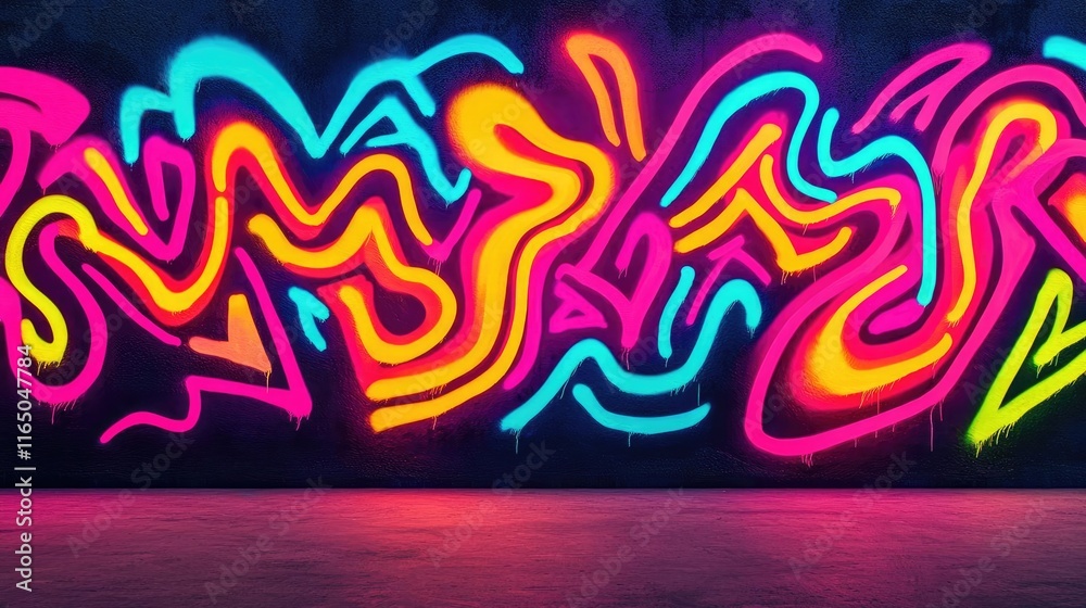 Poster Graffiti abstract background concept. Vibrant graffiti art with colorful neon swirls and patterns on a dark background.