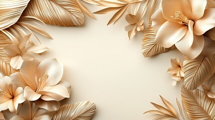 3D luxury floral border design featuring tropical leaves and golden beige branches, adding elegance, richness, and sophistication to any luxury brand or high-end design project. -