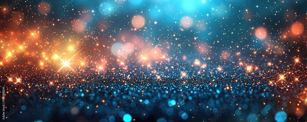Poster Starry abstract background idea. Vibrant bokeh lights in blue and orange creating a magical, dreamy atmosphere.