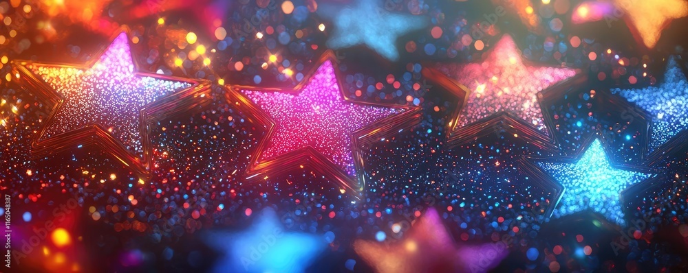 Poster starry abstract background idea. colorful glittering stars create a magical and dazzling festive atm