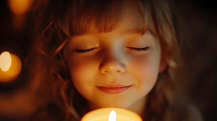 A close-up of a child's face, softly lit by a candle, their eyes closed and a gentle smile exuding warmth and peace, with a blurred background of cozy, dimly lit surroundings. --ar 16:9