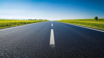 Fototapeta premium Highway construction under clear skies, showcasing long stretches of fresh asphalt and lined lanes