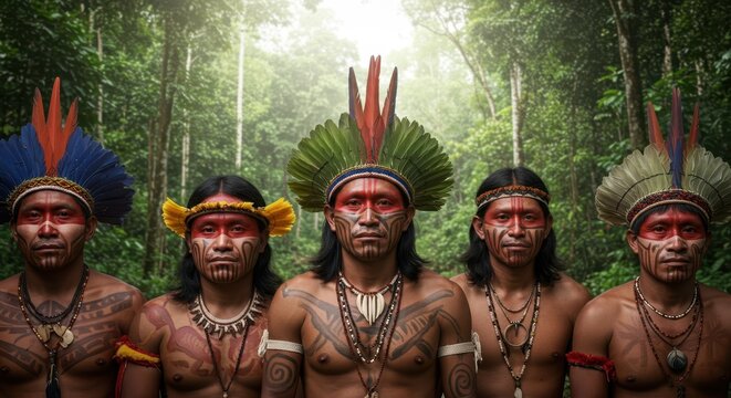 Indigenous amazon tribesmen in traditional attire amidst lush rainforest
