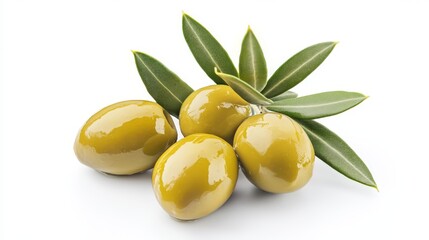 3 green olives with olive leaves isolated on a white background. 