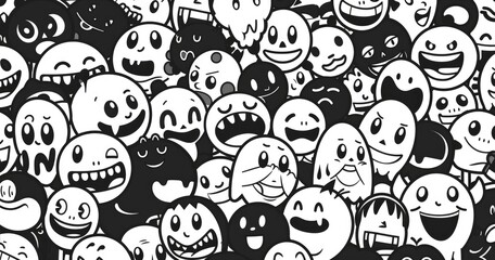 Fototapeta premium A dense crowd of cartoonish faces with various expressions in black and white.