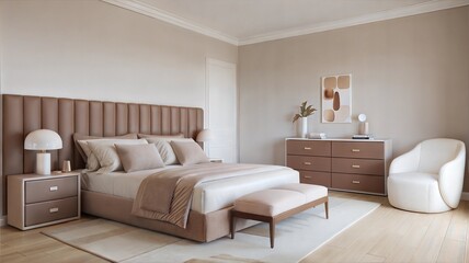 Modern interior japandi style bedroom design Livingroom. Pantone color of the year 2025 Mocha Mousse