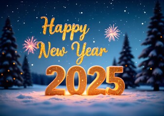 Happy 2025 New Year greeting card with winter theme, snowflake, stars, and confetti on a navy background