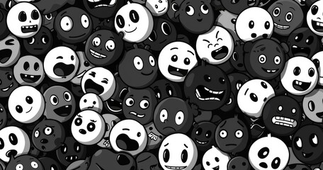 Fototapeta premium A chaotic assortment of expressive faces in black and white, showcasing various emotions.