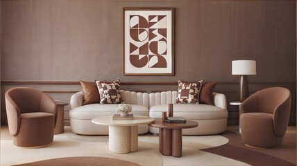Fototapeta premium Modern interior japandi style design living room. Lighting and sunny scandinavian apartment with plaster and wood. in Pantone color of the year 2025 Mocha Mousse.