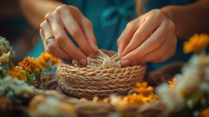 Detailed shot of hands knotting cords into a macramé design
