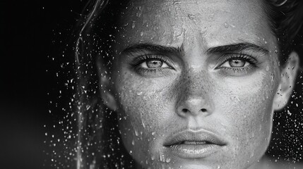 Close-up monochrome portrait of a woman with water droplets on her face.