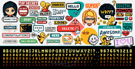 Pixel art font and stickers. Pixelated icons, buttons and pixel perfect illustrations vector set 