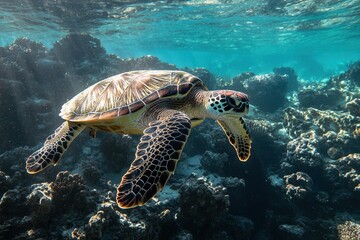 Obraz premium Sea Turtle Gracefully Swimming Above a Coral Reef in Clear Ocean Waters During Daylight Hours