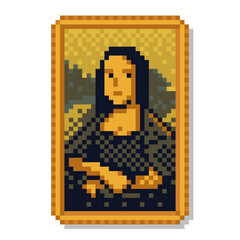 Pixel art female portrait painting. Picture inspired from Mona Lisa painted  by Leonardo da Vinci. Framed masterpiece vector illustration