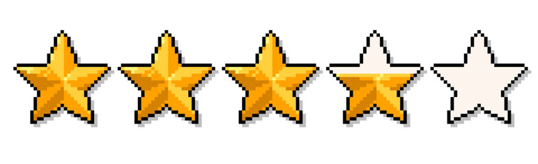 Pixel art rating stars. Golden star in style of retro 8bit arcade games, feedback rate icons vector set