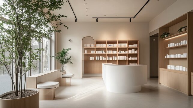 Modern pharmacy offering online order pickup, digital health kiosks, and a minimalistic, clean layout.