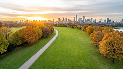 Fototapeta premium Sunrise Over City Skyline with Green Park and Trees in Autumn Colors