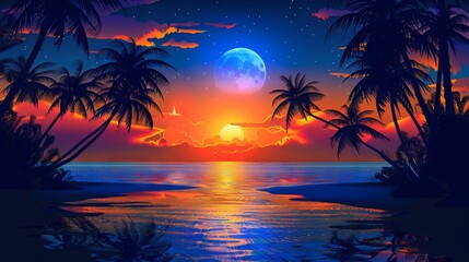Obraz premium Vibrant evening beach scene with blue palm trees and orange sunset sky – vector illustration