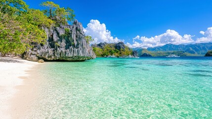 Serene Tropical Beach with Crystal Clear Water and Majestic Rock Formation
