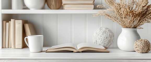 Open book, coffee mug, vase with dried flowers on a white shelf.