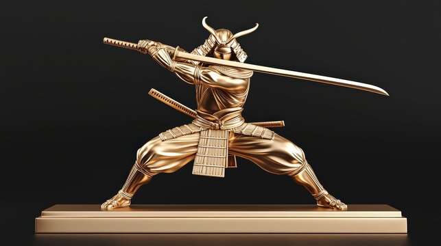 A golden samurai statue in an action pose. Ideal for collectors and enthusiasts of Japanese culture and history. Perfect for display in homes or offices.